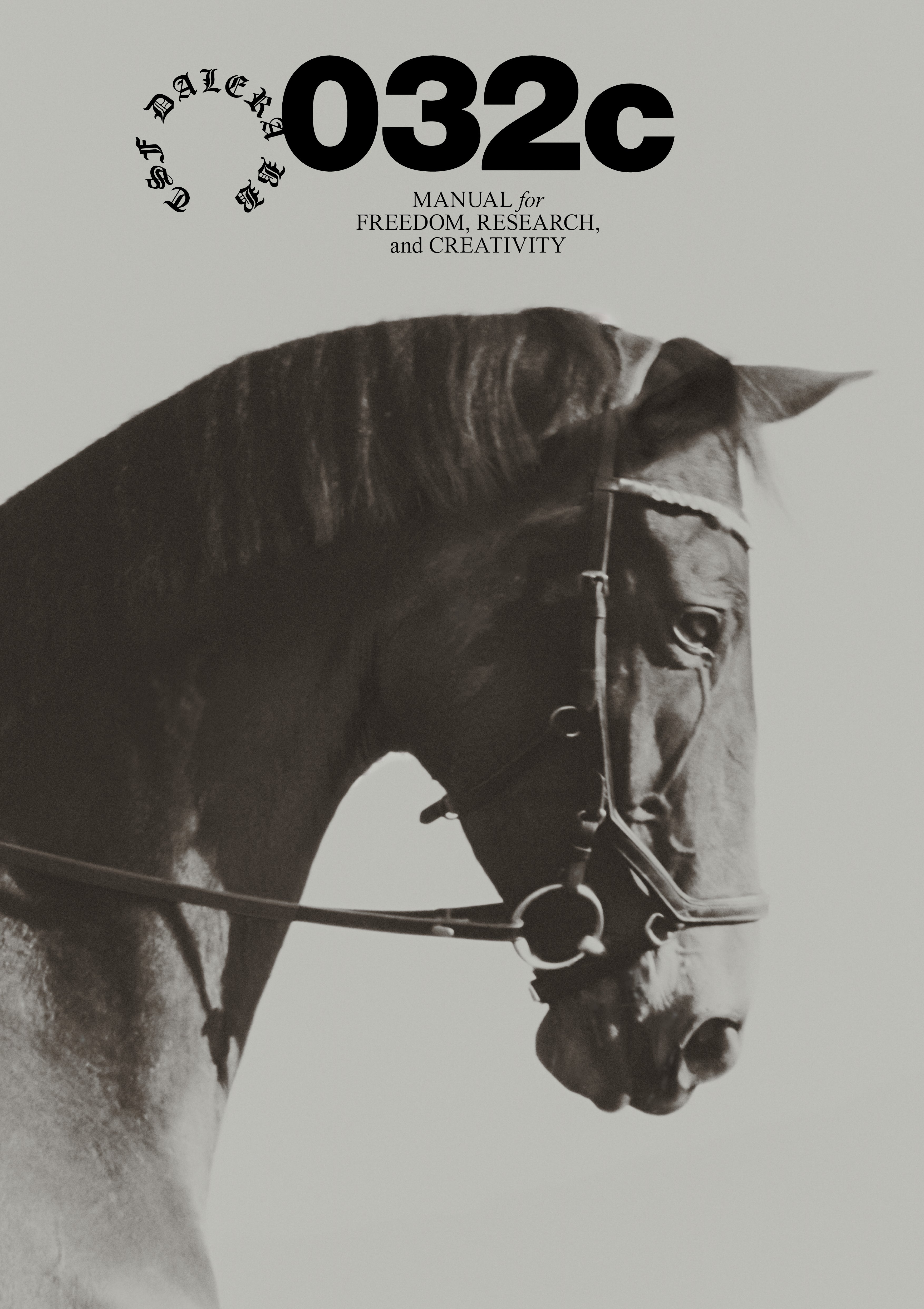 Poster design featuring a large black and white photograph of a horse's head in profile wearing a bridle.